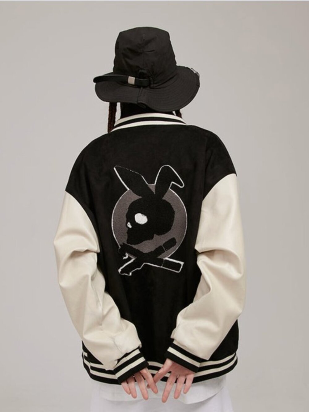 Donsmoke I Don't Smoke Bunny Skull Varsity Jacket Black White Colorblock Small
